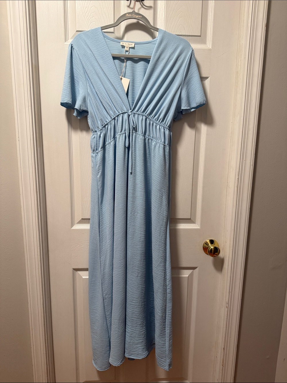 See You Monday Light Blue V-Neck Maxi Dress with Drawstring Waist